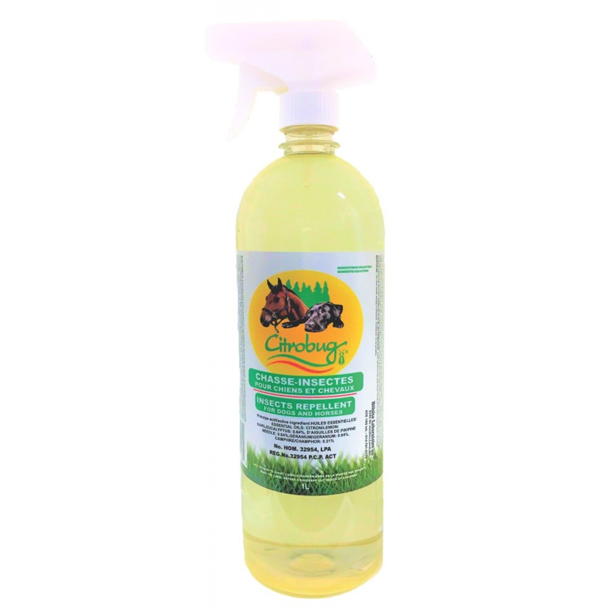 Insecticide Cavalier CITROBUG pour chevaux et chiens, flacon de 1 litre avec étiquette, accessoires pour la lutte contre les insectes.