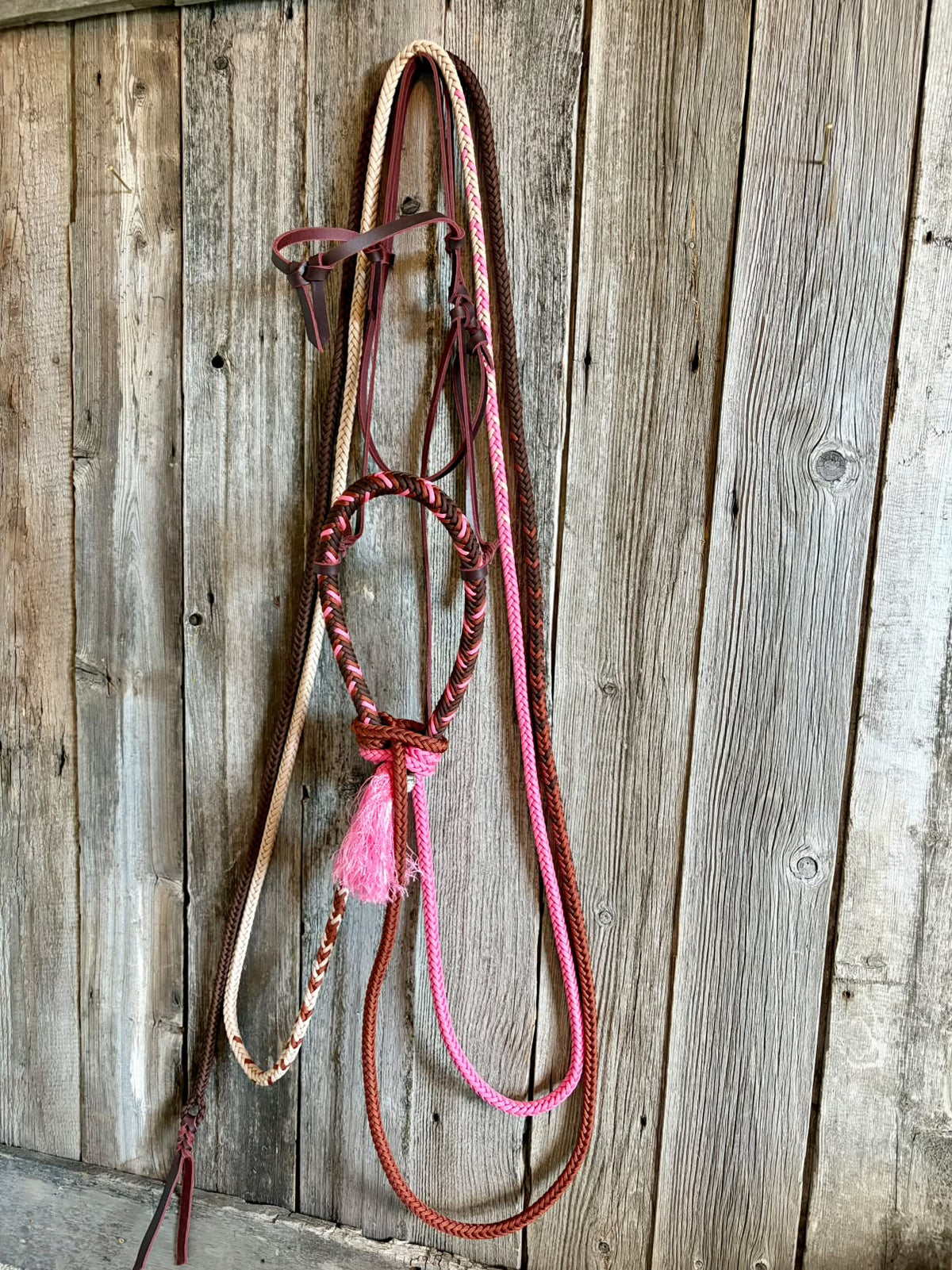 Mecate Loping Hackamore 8 brins Ombre de 12m de la marque Slippery Moon Mecates, accessoire équestre en corde colorée.
