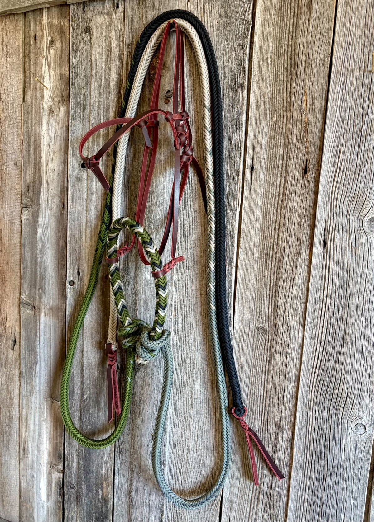 Mors de hackamore Loping et rênes divisé en 12 brins de la marque Slippery Moon Mecates, accessoires équestres.