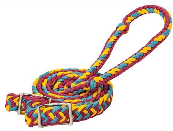 Rênes de baril en nylon rouge, prune, bleu et or pour équipement de cheval, marque Ger-Ryan, visibles sur l'image.