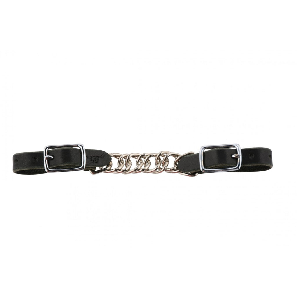 Chaîne de mors plate en cuir Gourmette Western Rawhide, accessoire pour équitation, visible avec détails en cuir et finition métallique.