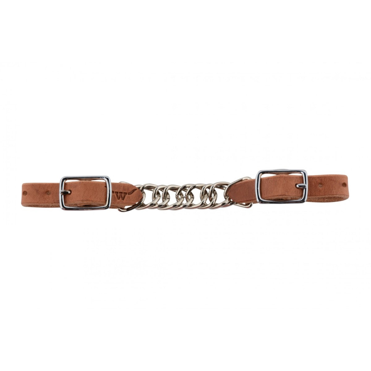 Chaîne de mors plate en cuir Western Rawhide, accessoire pour bridages équestres, vue de la gourmette avec détails de la finition.