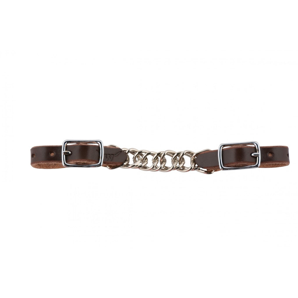 Chaîne de mors plate Western Rawhide en cuir, accessoire élégant pour le cheval, vue rapprochée montrant la texture du cuir.
