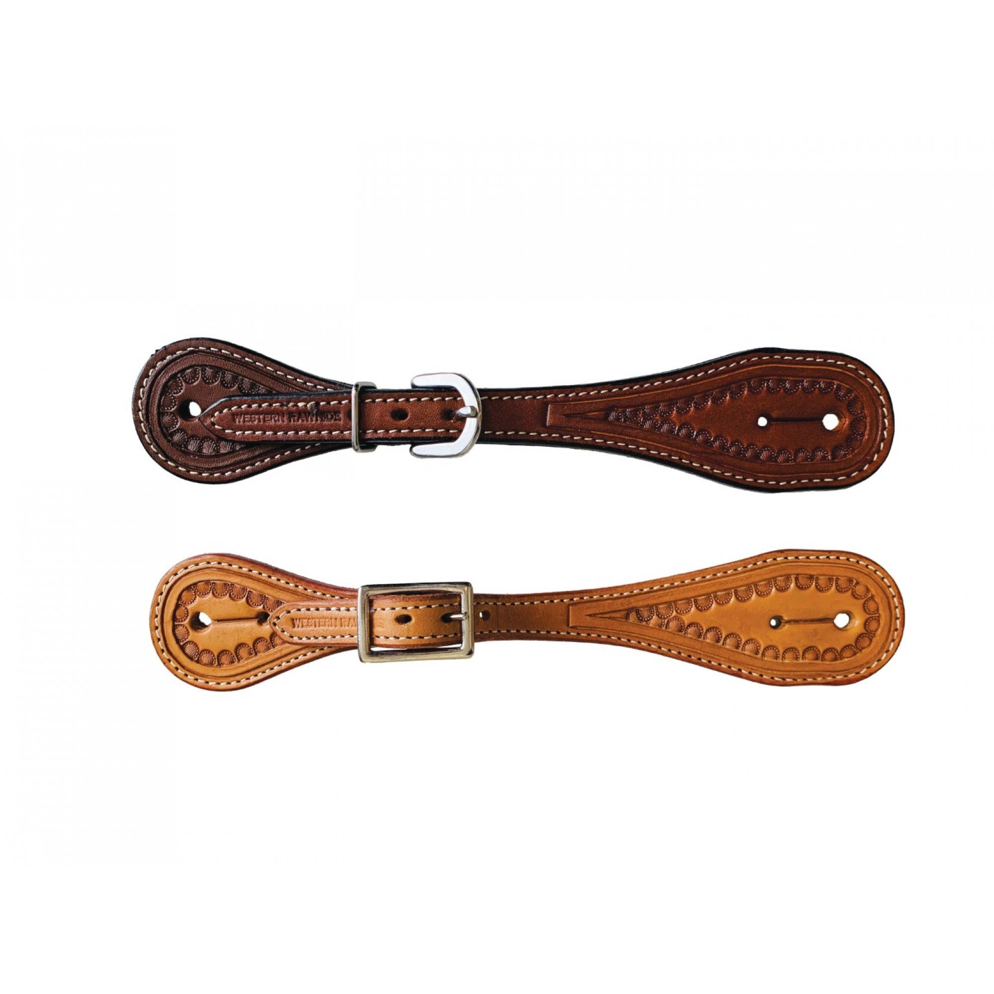 Courroie d'éperons droite avec bordure Western Rawhide, accessoire équestre en cuir robuste, vue de face.