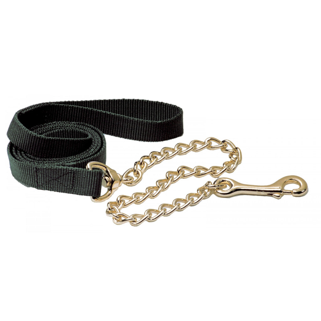 Laisse en nylon avec chaîne pour cheval, équipement Western Rawhide, montre la lisse bandoulière en nylon et la chaîne métallique solide.