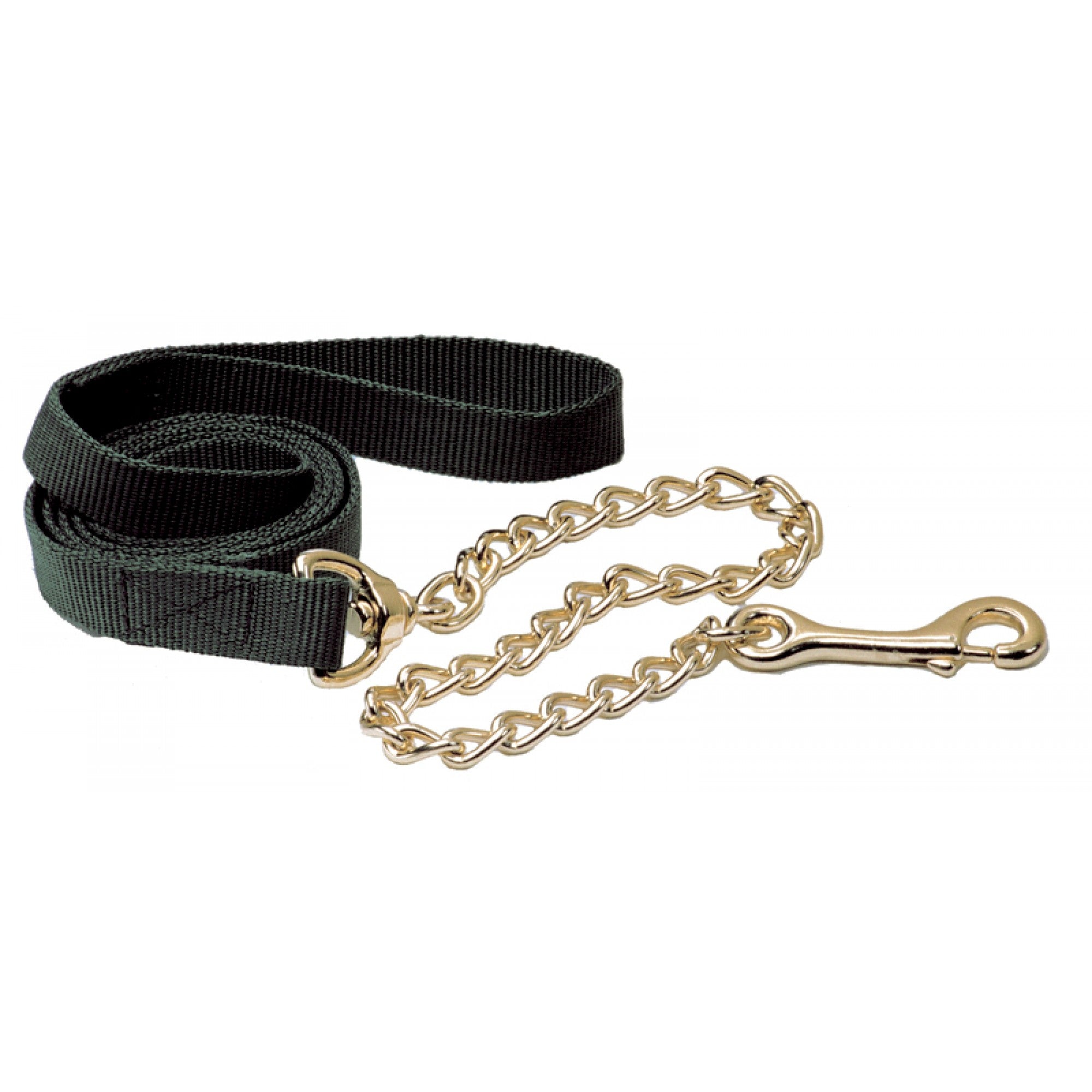 Laisse en nylon avec chaîne pour cheval, équipement Western Rawhide, montre la lisse bandoulière en nylon et la chaîne métallique solide.