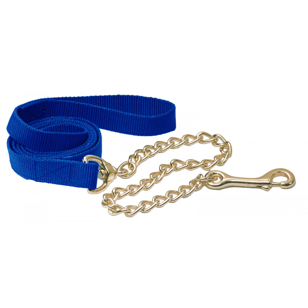 Laisse en nylon avec chaîne pour cheval, équipement Western Rawhide, visible en main avec chaîne robuste et poignée en nylon.