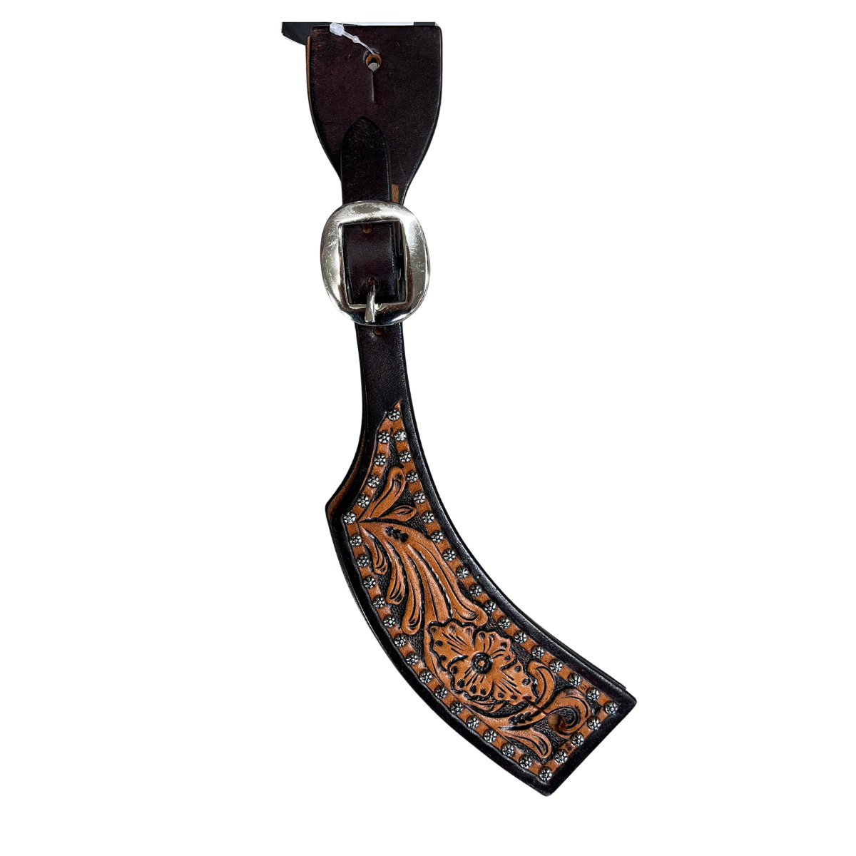 Courroie d'éperons Western Rawhide avec motifs floraux et spots décoratifs, en cuir pour accessoires de soin équestre.