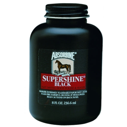 Accessoires Cavalier Absorbine Supershine Noir en flacon de 240 ml pour chevaux, finition brillante et soignée.