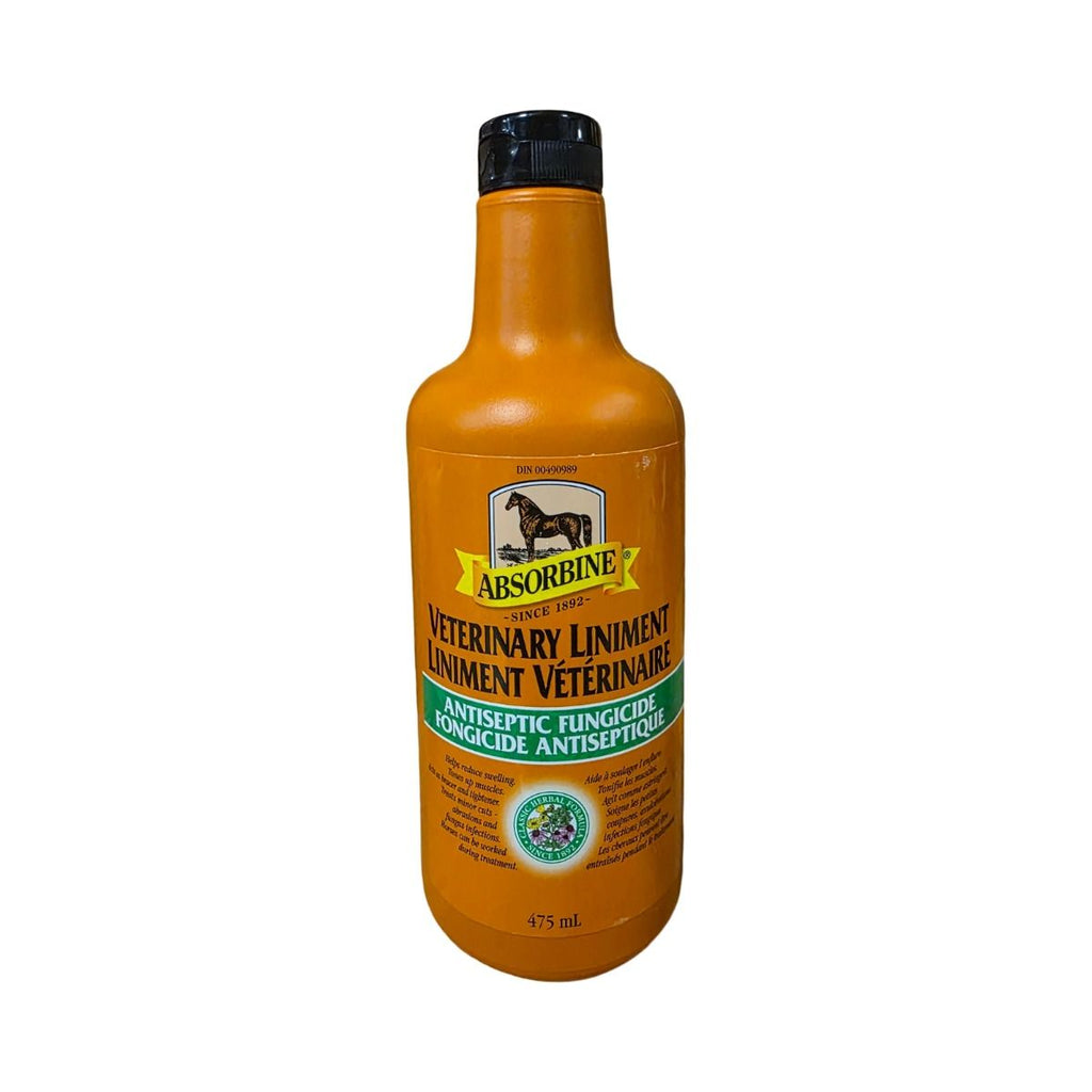 Liniment vétérinaire Absorbine® de Ger-Ryan en flacon, application pour soins animaux, liquide clair avec étiquette.