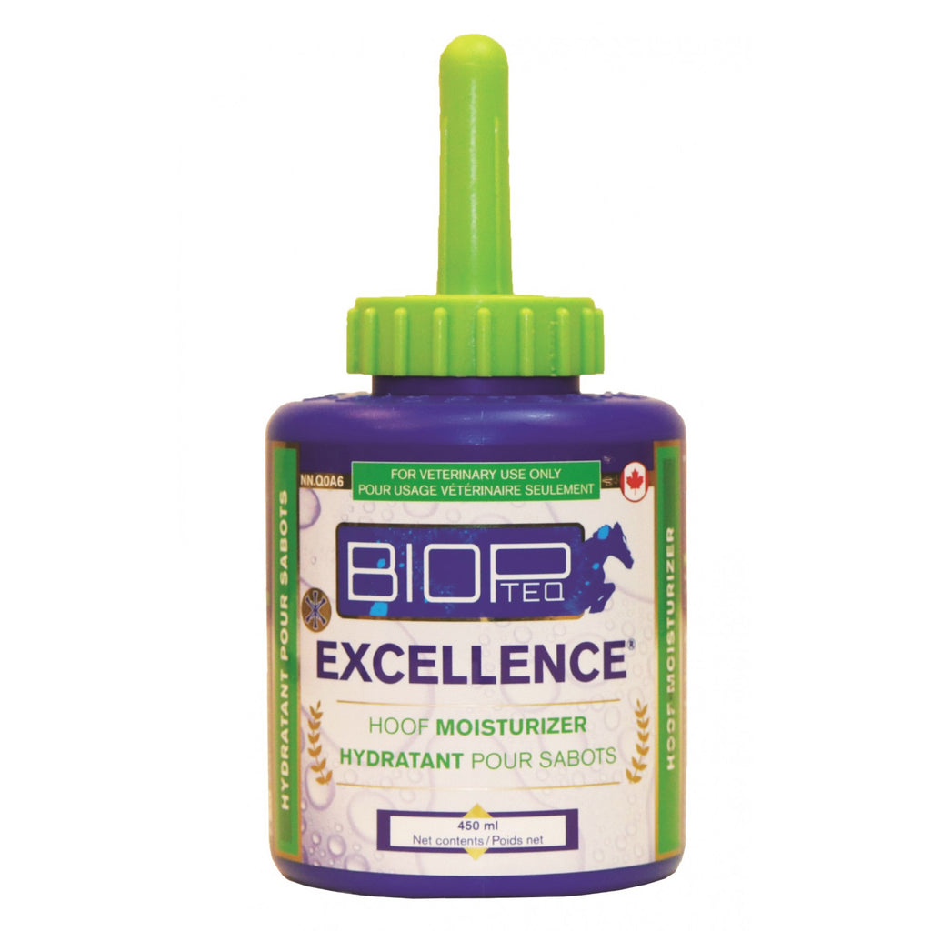 Soins BIOPTEQ Excellence Hydratation pour sabots de cheval, flacon de 450 ml, produit pour l’entretien et la protection des sabots.