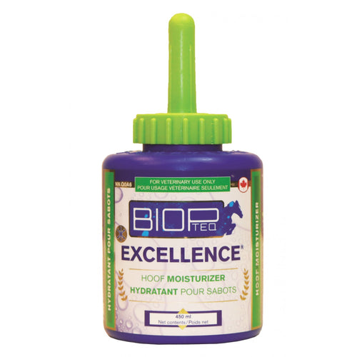 Soins BIOPTEQ Excellence Hydratation pour sabots de cheval, flacon de 450 ml, produit pour l’entretien et la protection des sabots.