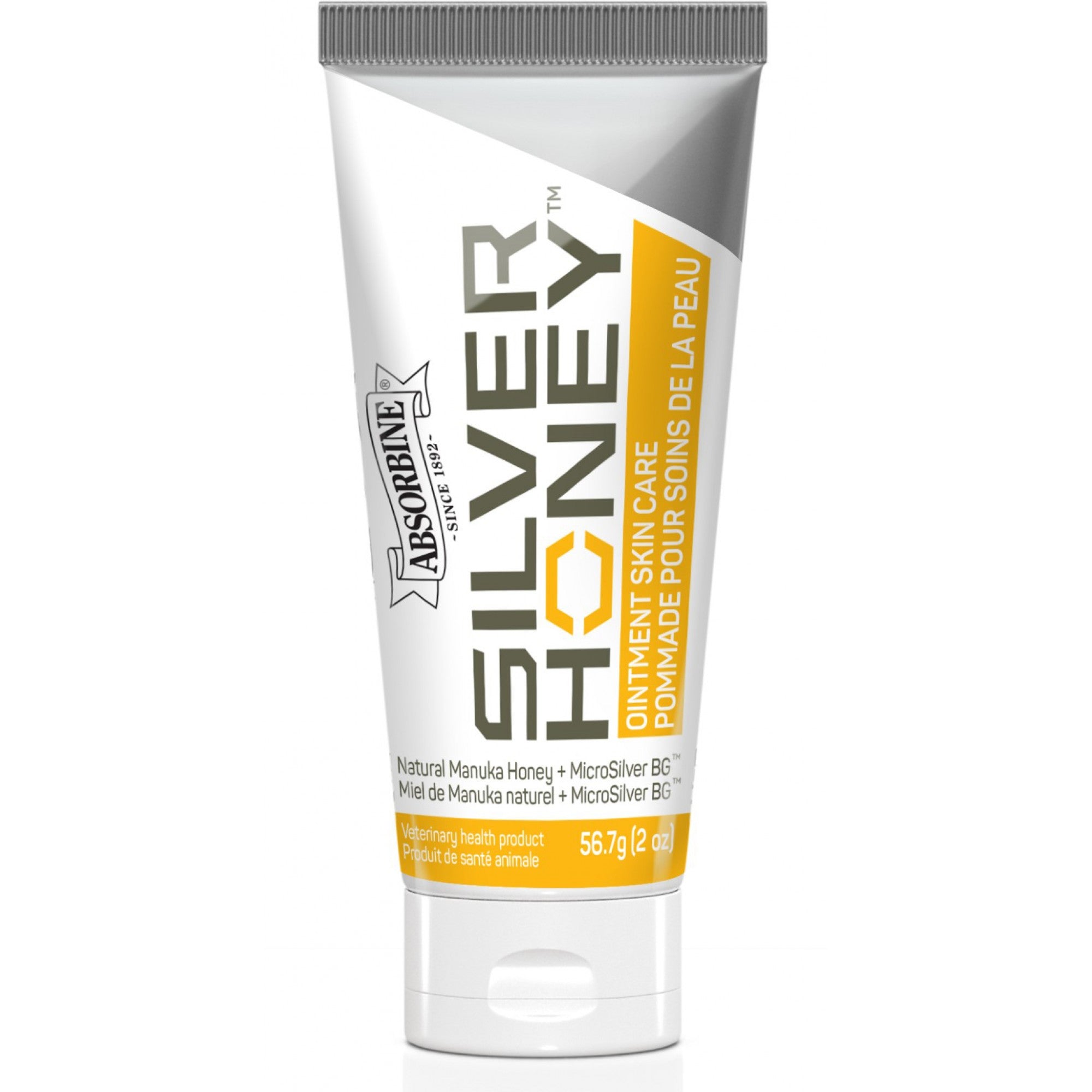 Baume de soin pour la peau Absorbine Silver Honey de Cavalier, 56,7 g, en tube blanc avec étiquette.