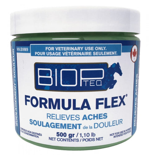 Liniment BIOPTEQ FORMULA FLEX de Cavalier, flacon de 500 g, avec application en spray pour soulager les douleurs musculaires.