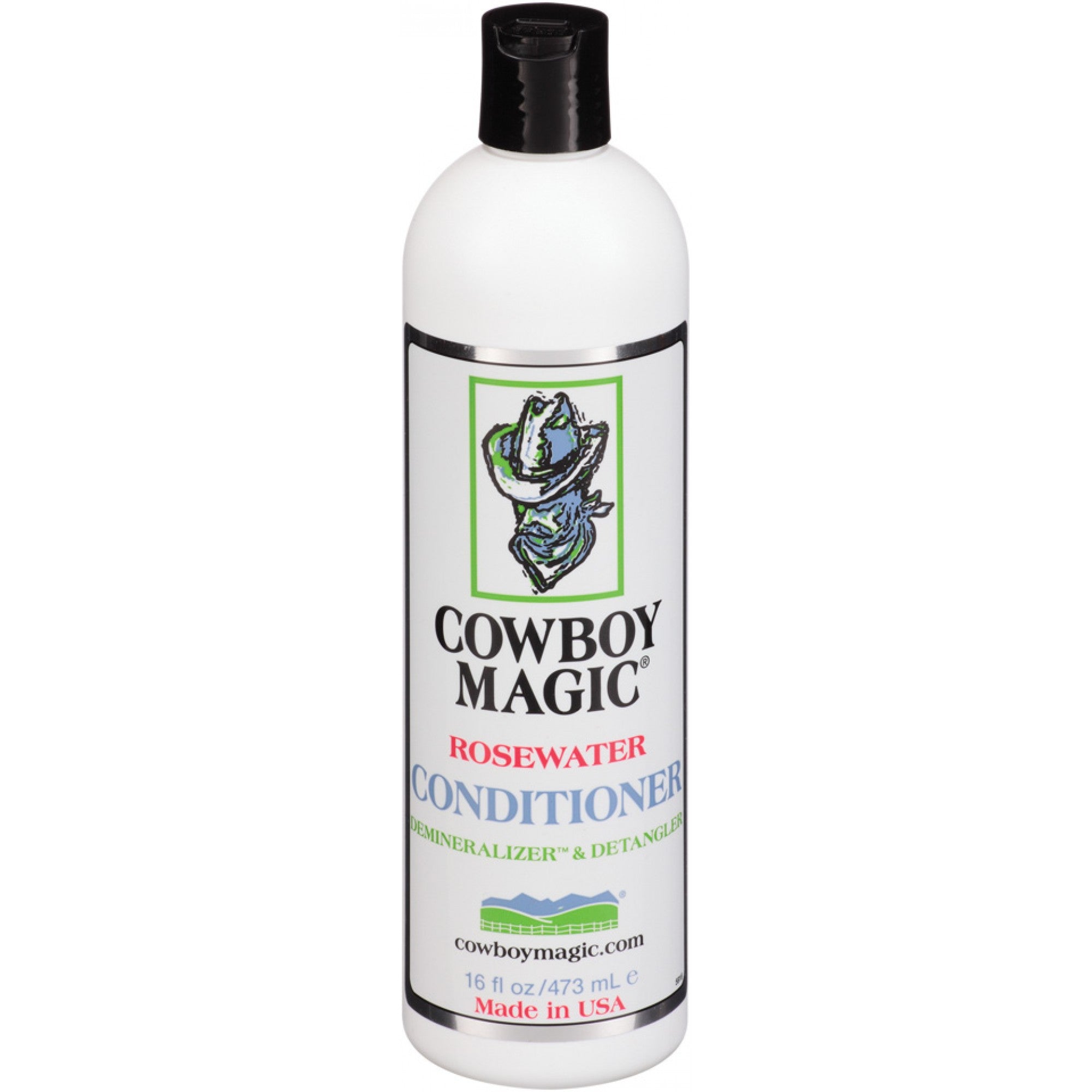 Conditionneur Cowboy Magic à l'eau de rose de 473 ml, soin pour chevaux, bouteille avec étiquette rose et logo Western Rawhide