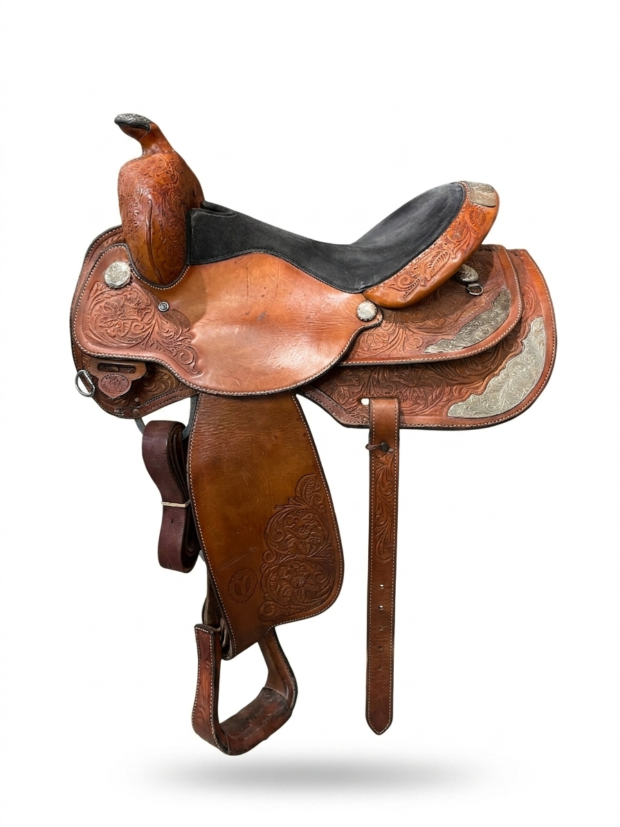 Selle western Circle Y Equitation de la marque ES Sellerie Western avec coussins et cuir brun, vue de profil.