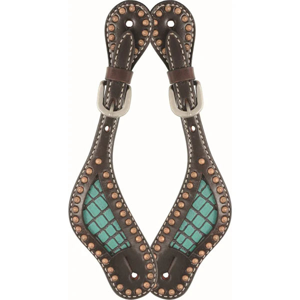 Courroie d'éperons alligator pour femmes, accessoire Western Rawhide, avec boucle en métal et motif en cuir d'alligator.