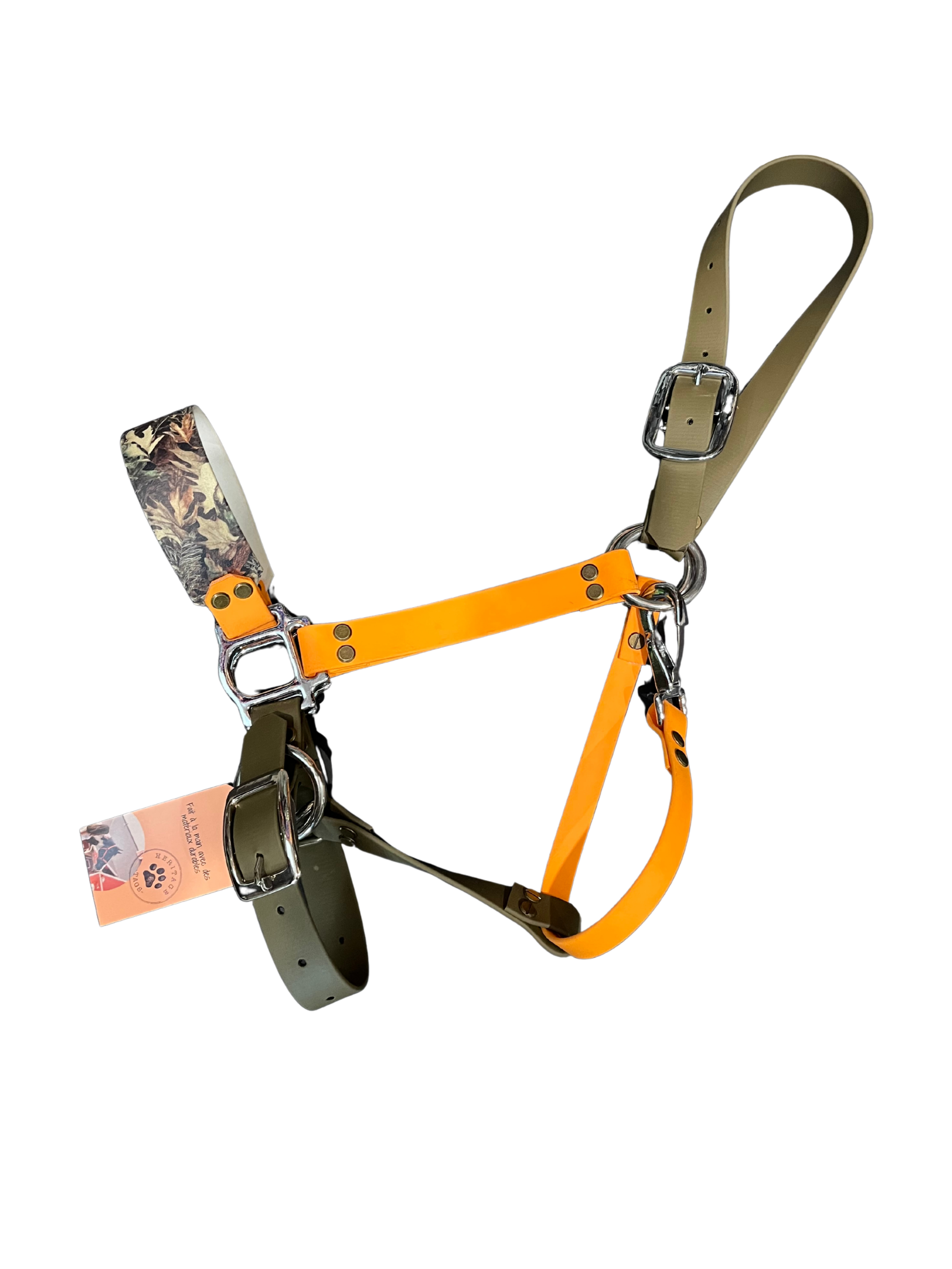 Léger licou Biothane avec motifs colorés, accessoire pour animaux de marque Heritage Tags, vue de face.