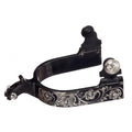 Éperons floraux noirs en satin de Western Rawhide, accessoires d’équitation élégants avec détails floraux sophistiqués.