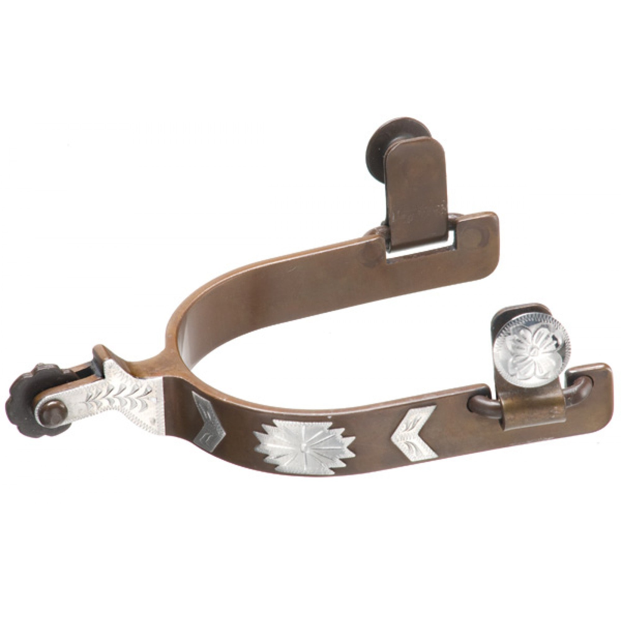 Éperon aztèque antique de Western Rawhide, accessoire en cuir orné de motifs aztèques pour chevaux et cavaliers.