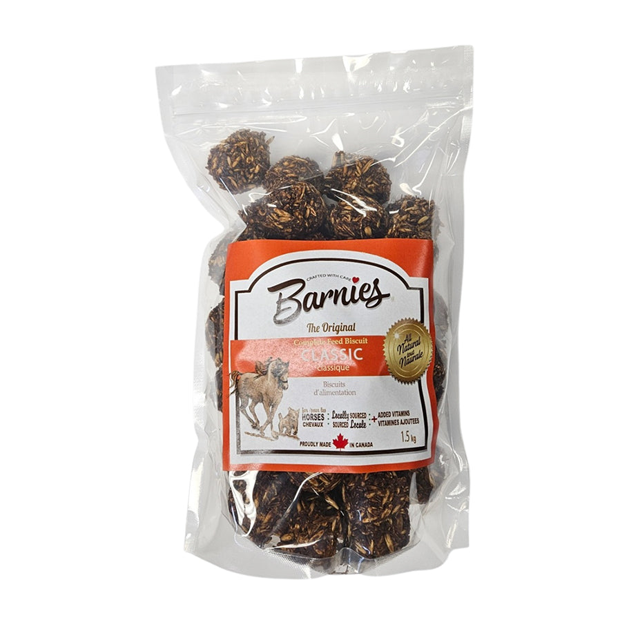 Friandises pour chevaux Barnies de 580 g, soin animalier, en sachet visible, marque Centurion Supply.