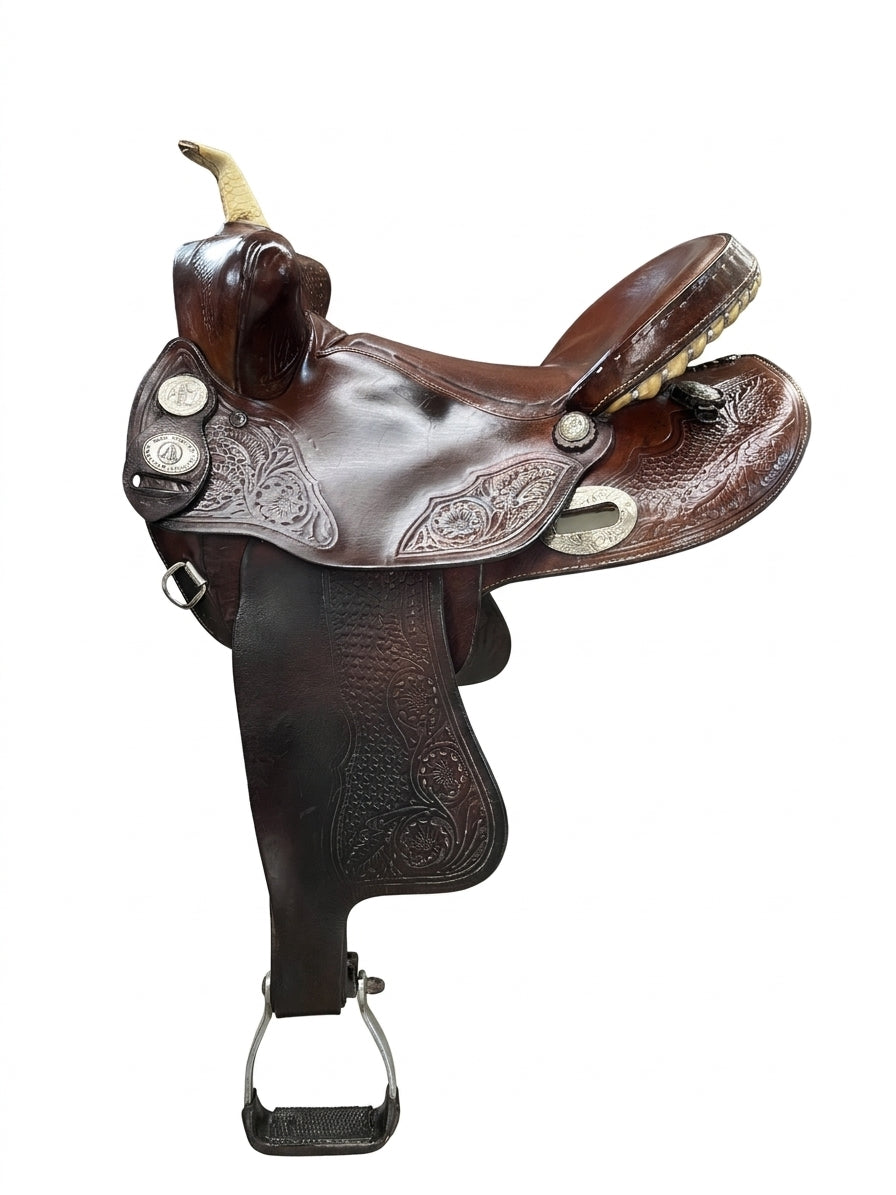 Selle western usagée Circle A par ES Sellerie Western, vue détaillée de l’équipement équestre