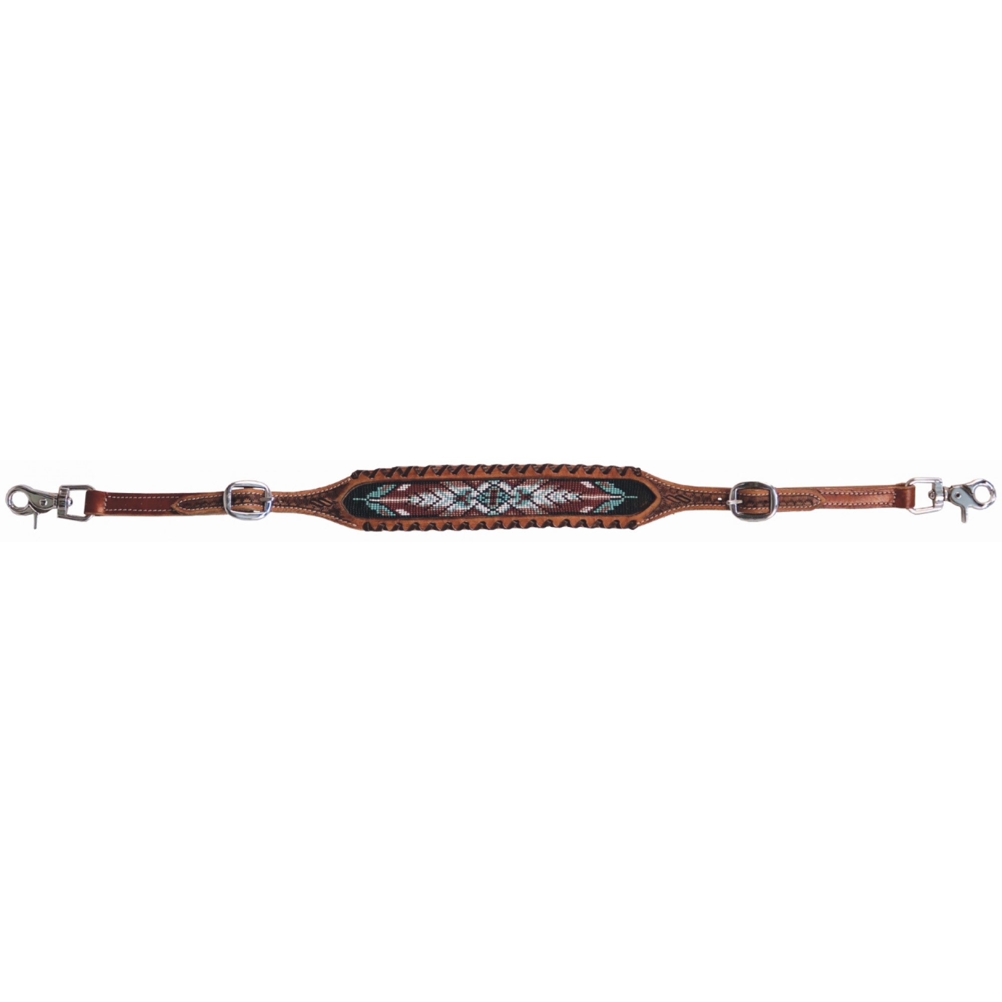 Relevé de bricole Country Legend avec motifs, équipement de cheval Western Rawhide, vue en angle avec plumes.