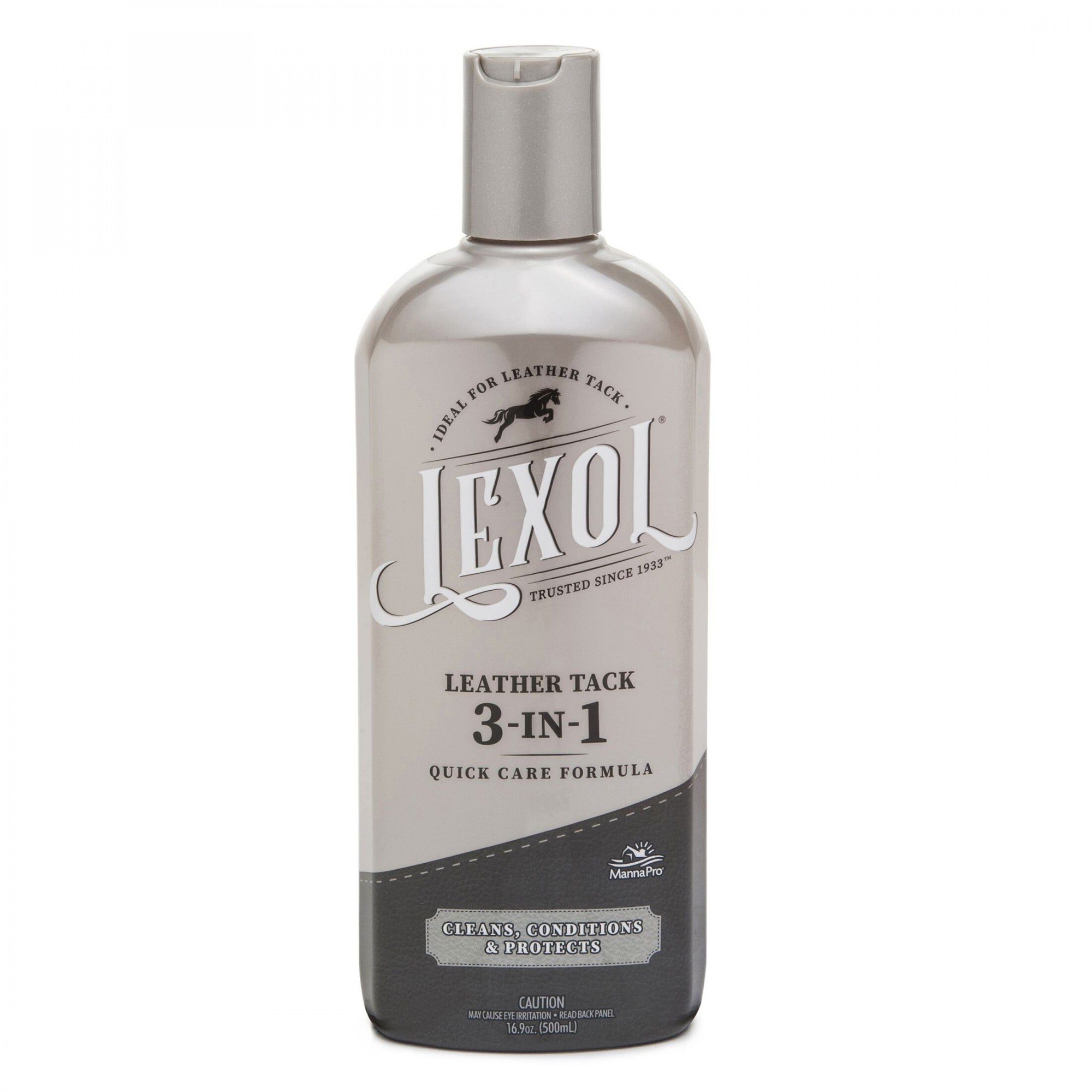 Soin pour cuir Western Rawhide LEXOL 3-en-1 en flacon de 500 ml, avec application et texture visible sur le cuir.