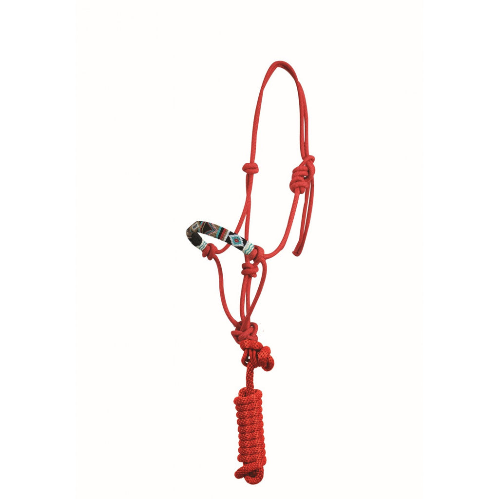 Licou en corde rouge Western Rawhide pour cheval, équipement country Legend Cherokee avec longe, visible en détail.