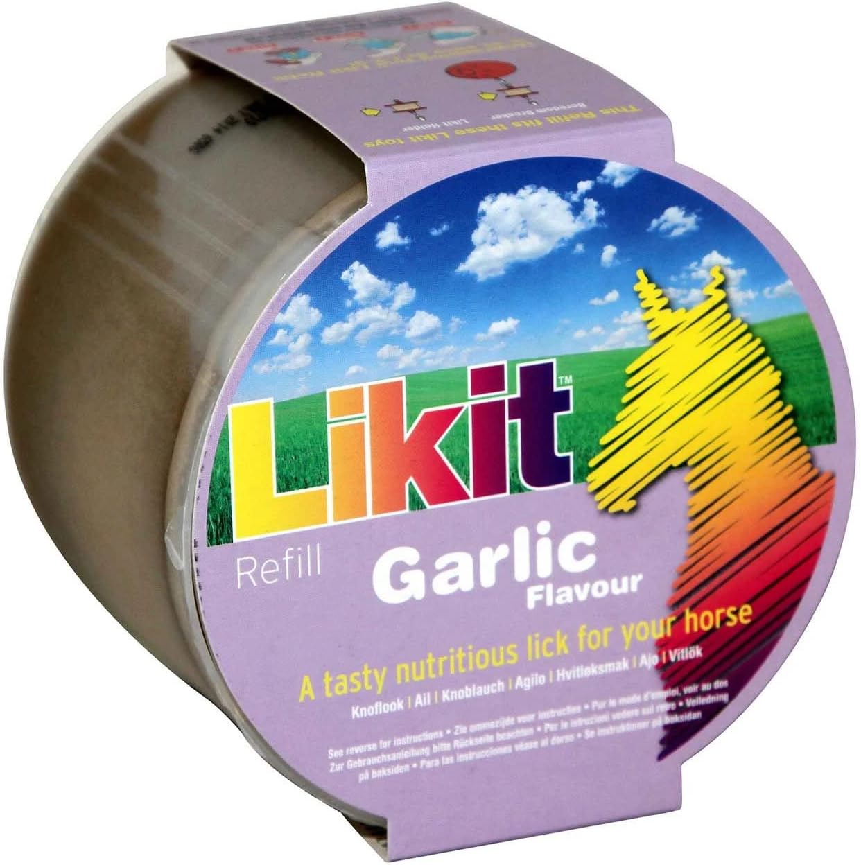 Assortiment de Likit Cavalier, friandises colorées pour animaux, présenté dans un emballage avec plusieurs sachets visibles.