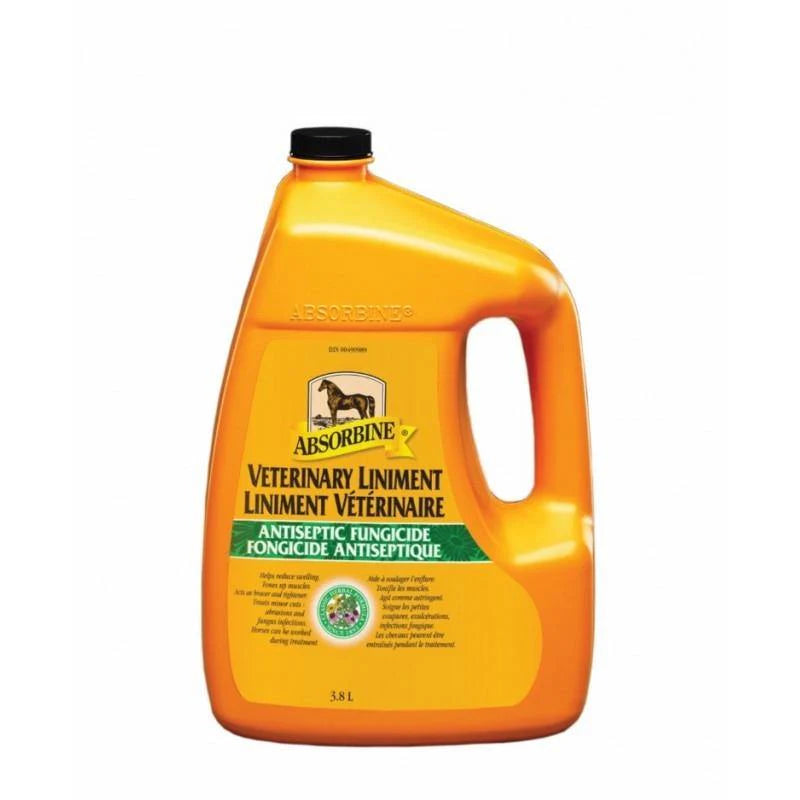 Liniment vétérinaire Absorbine® de Ger-Ryan en flacon, utilisé pour soulager les douleurs musculaires et articulaires des animaux.