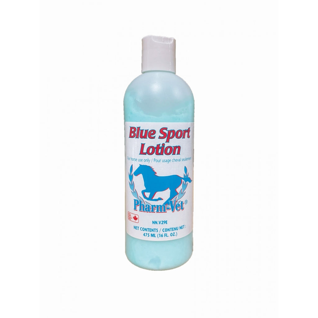 Lotion PHARM VET BLUE SPORT de 475 ml, soin pour animaux de la marque Western Rawhide, en bouteille avec étiquette bleue.