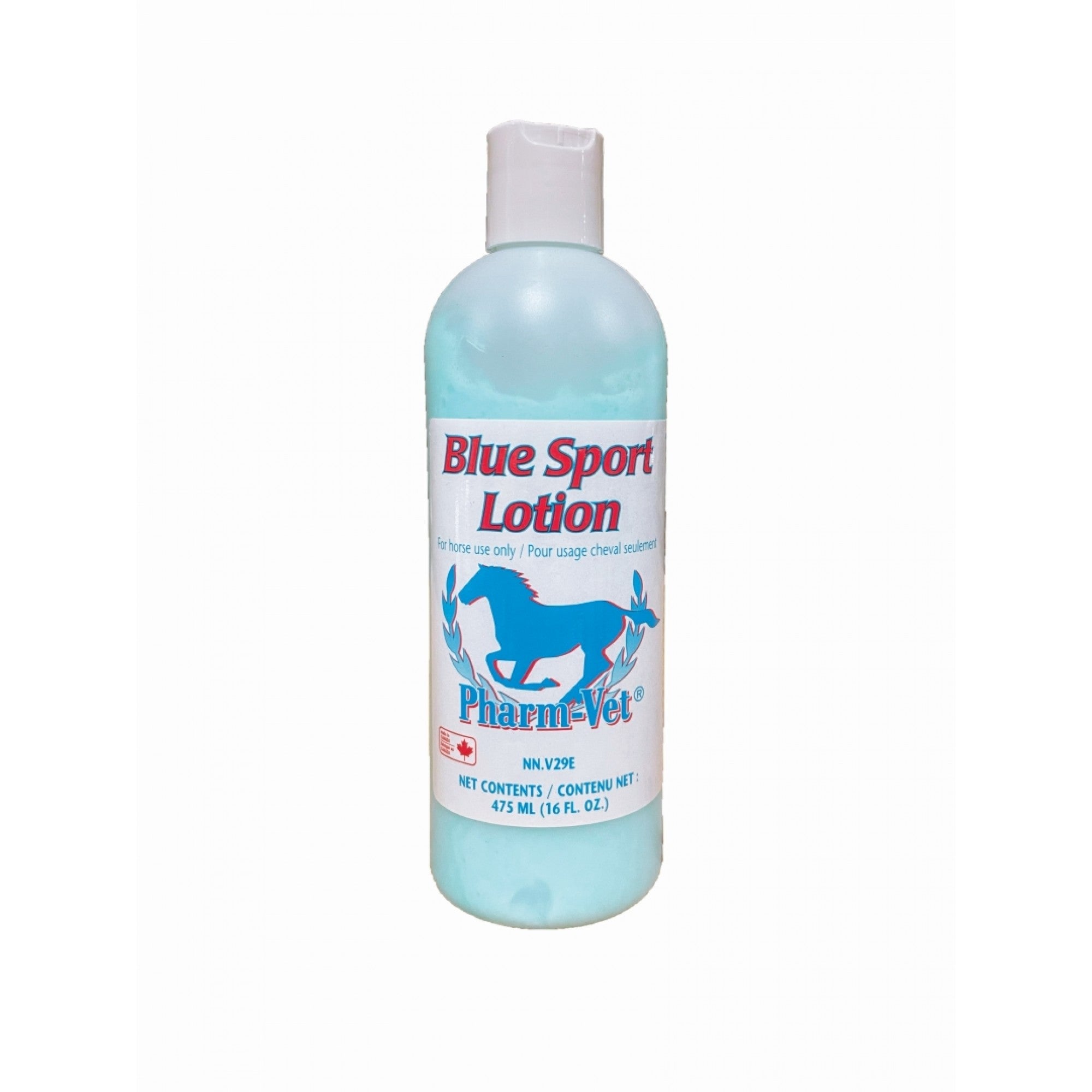 Lotion PHARM VET BLUE SPORT de 475 ml, soin pour animaux de la marque Western Rawhide, en bouteille avec étiquette bleue.