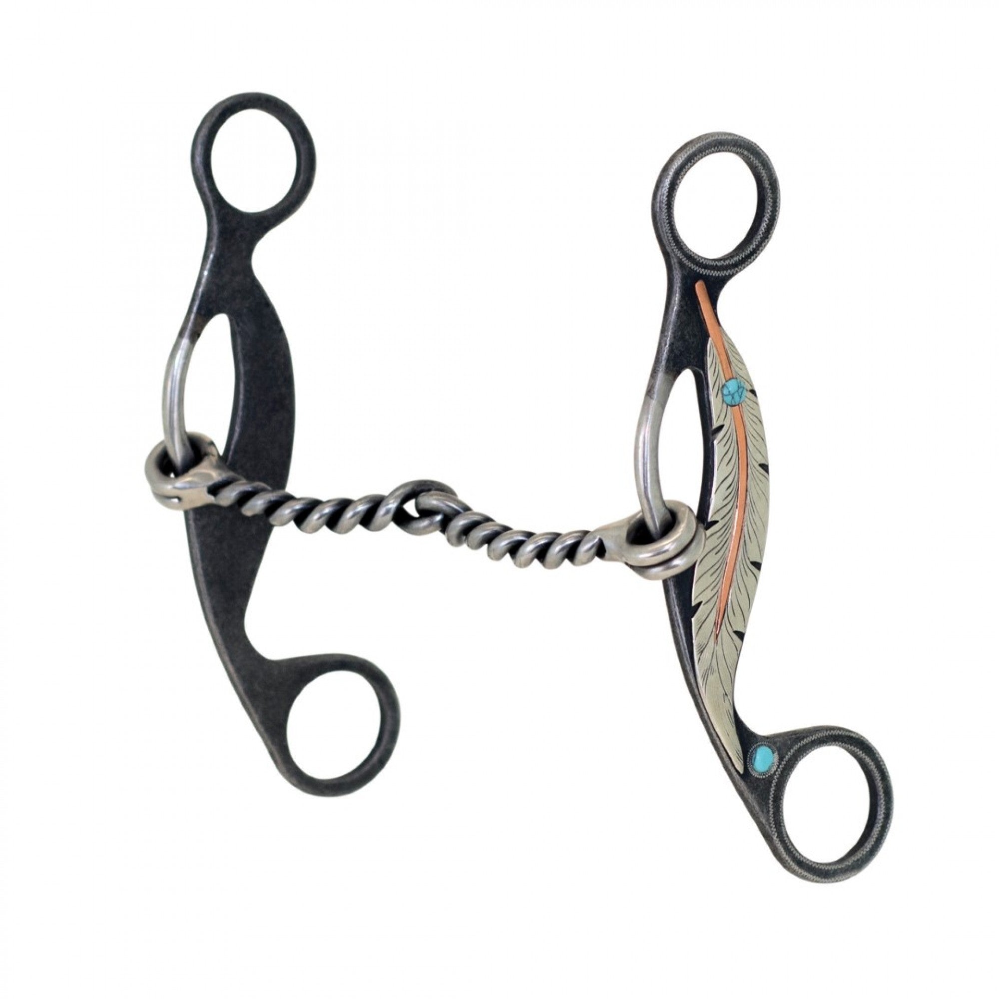 Bridon mors twisted snaffle gag avec motifs plumes en métalab pour équipement de cheval Western Rawhide.