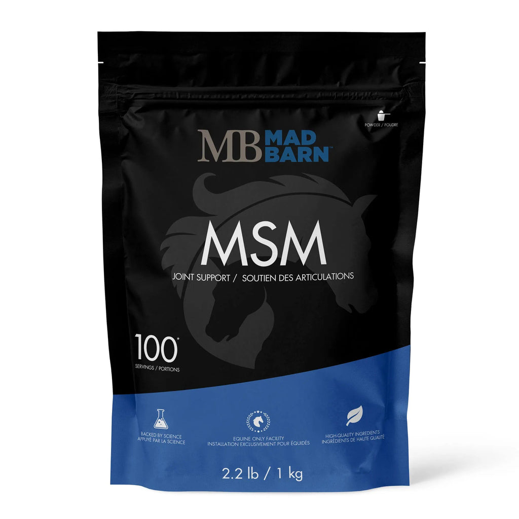 Complément MSM 1kg de Madbarn, soin naturel pour animaux, en poudre dans un sac avec logo Madbarn visible.