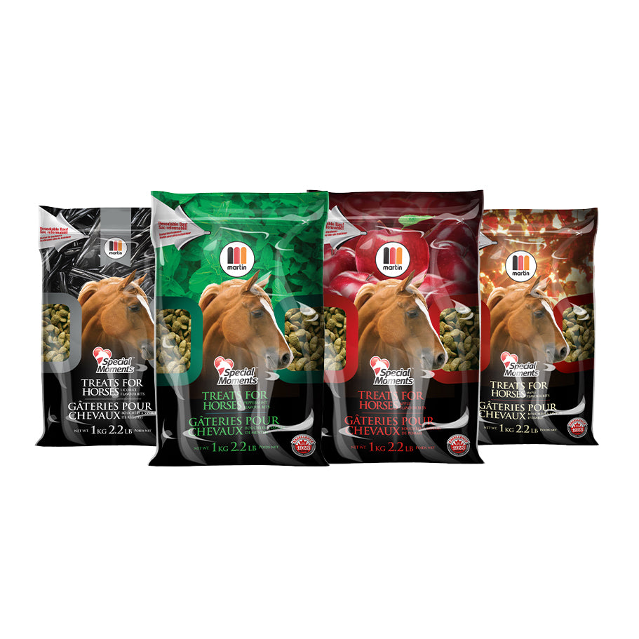 Friandises pour chevaux Martin, 1 kg, soin naturel de Centurion Supply, friandises spéciales dans un sac visible.