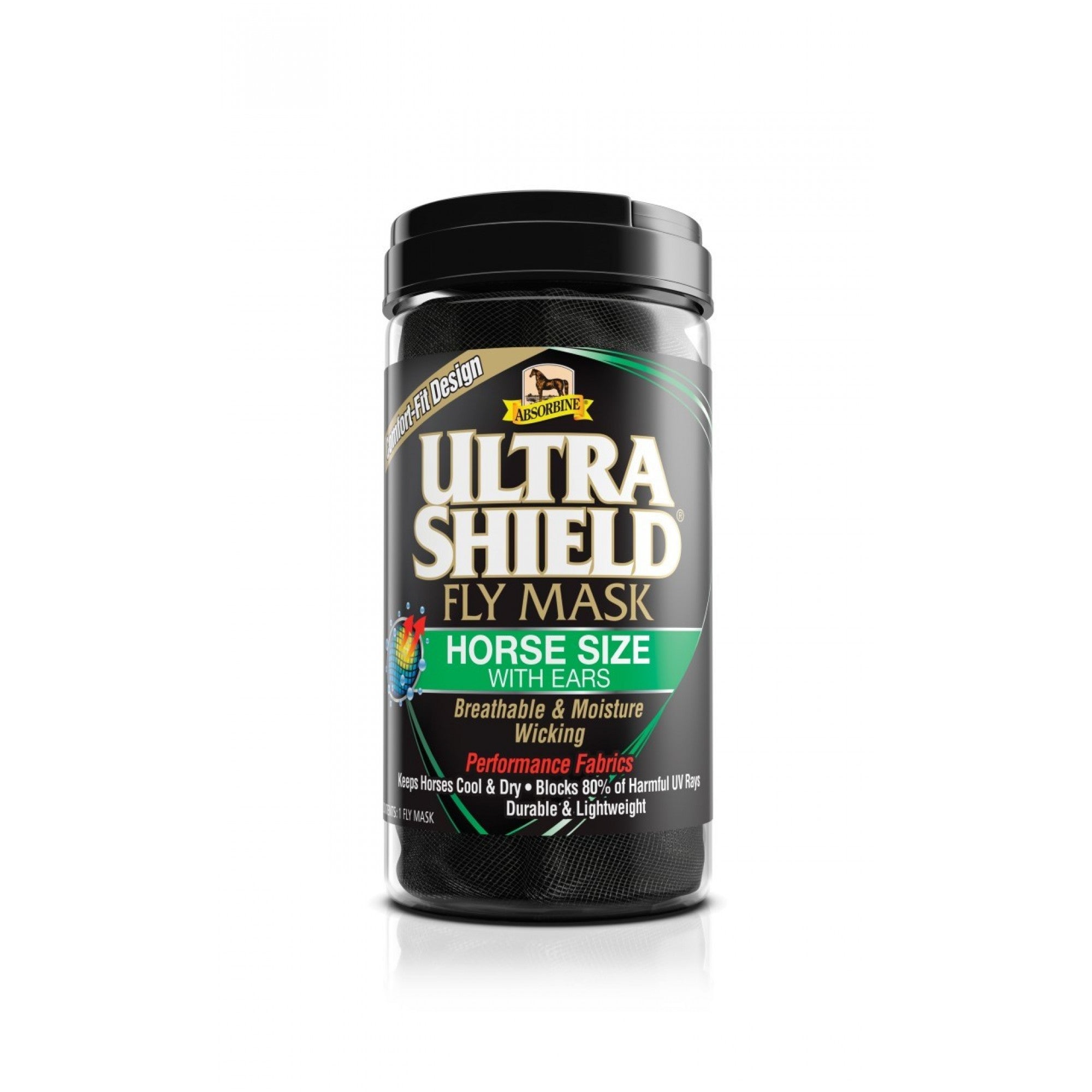 Masque anti-mouches Absorbine Ultrashield avec cache-oreilles pour équitation, en tissu noir, adapté pour chevaux.
