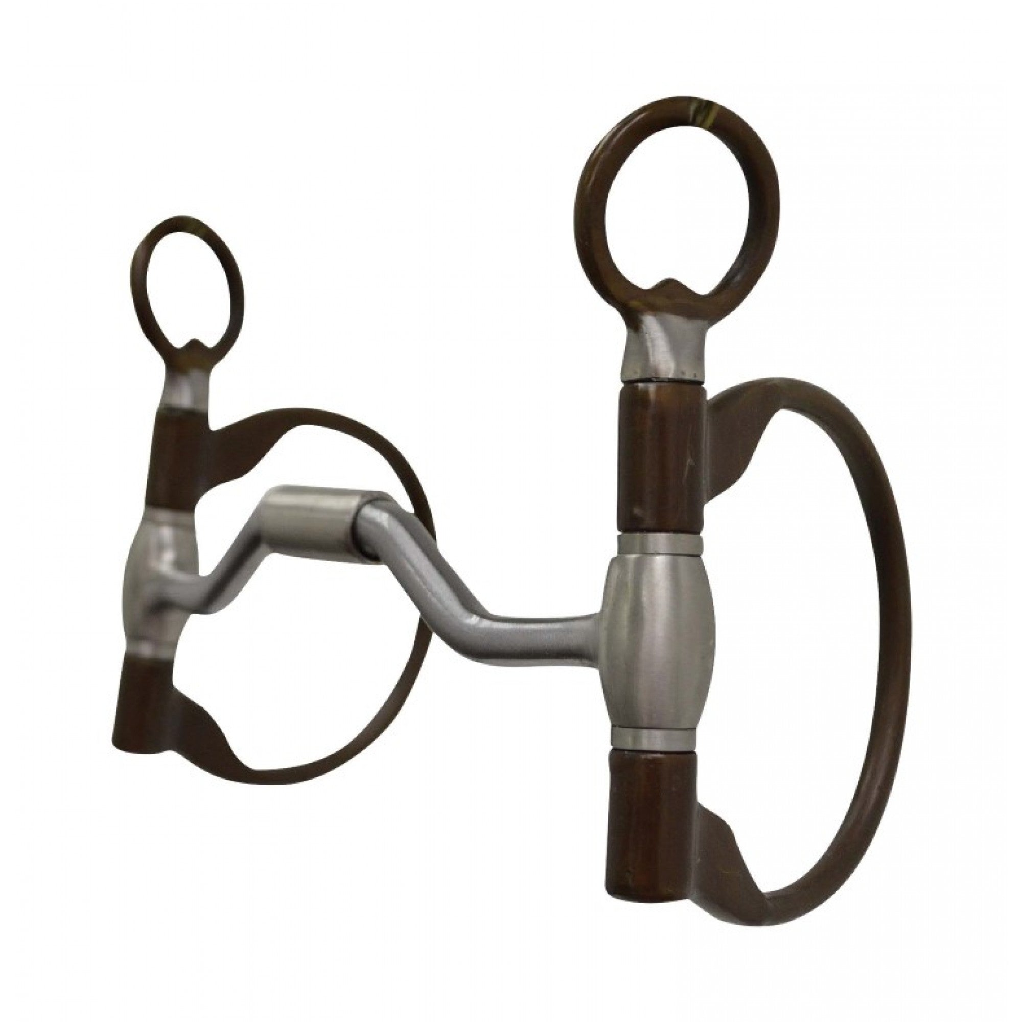 Mors à filet en D pour cheval, articulé avec port bas, fabriqué par Western Rawhide, image montrant la pièce en métal antique.
