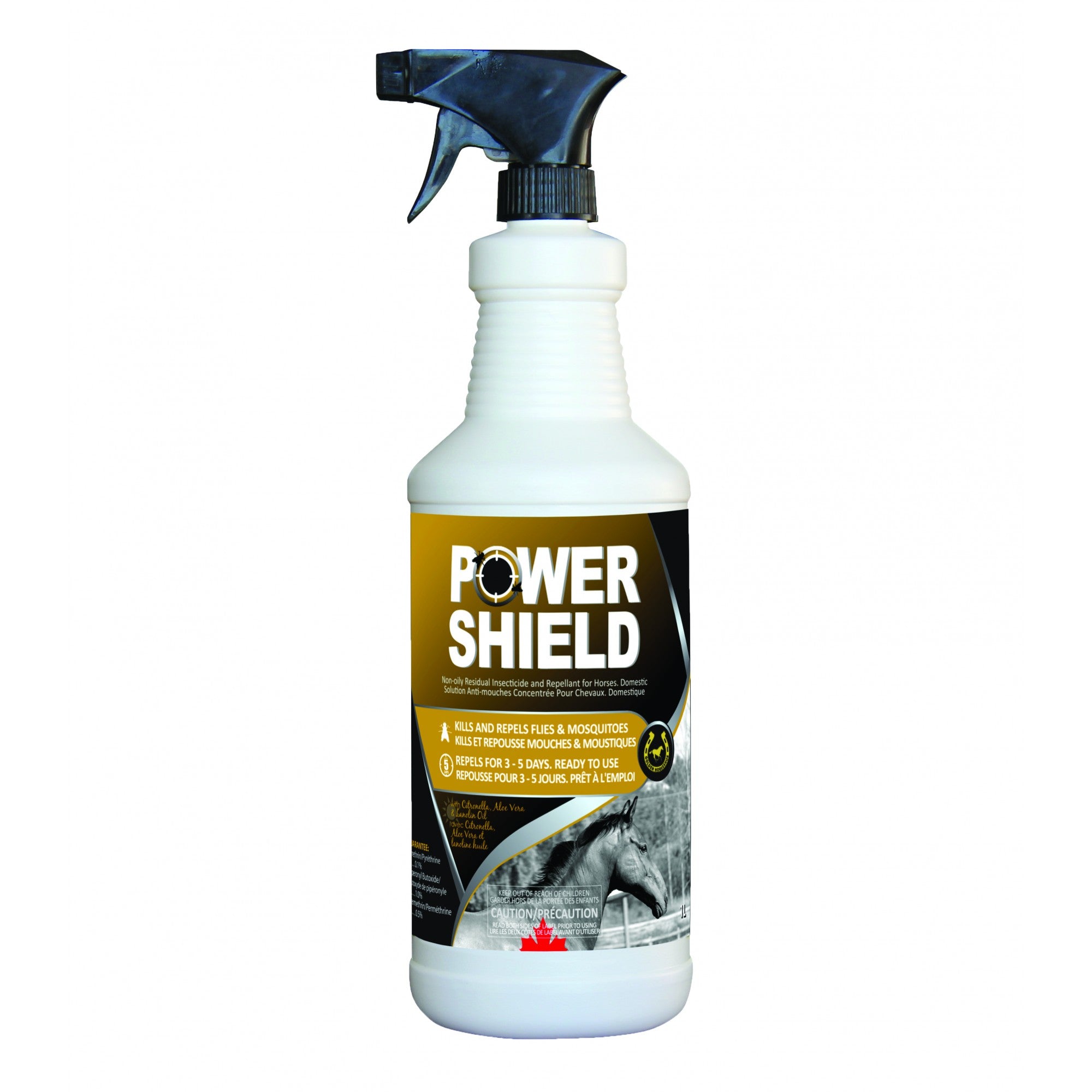 Produit à mouche Golden Horseshoe Power Shield de Western Rawhide avec vaporisateur, liquide de soin anti-mouches pour animaux, 1 L
