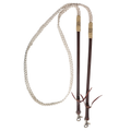Rênes tressées en nylon et cuir Equibrand, accessoires d'équitation avec tressage bleu, noir et blanc, visibles sur l'image.