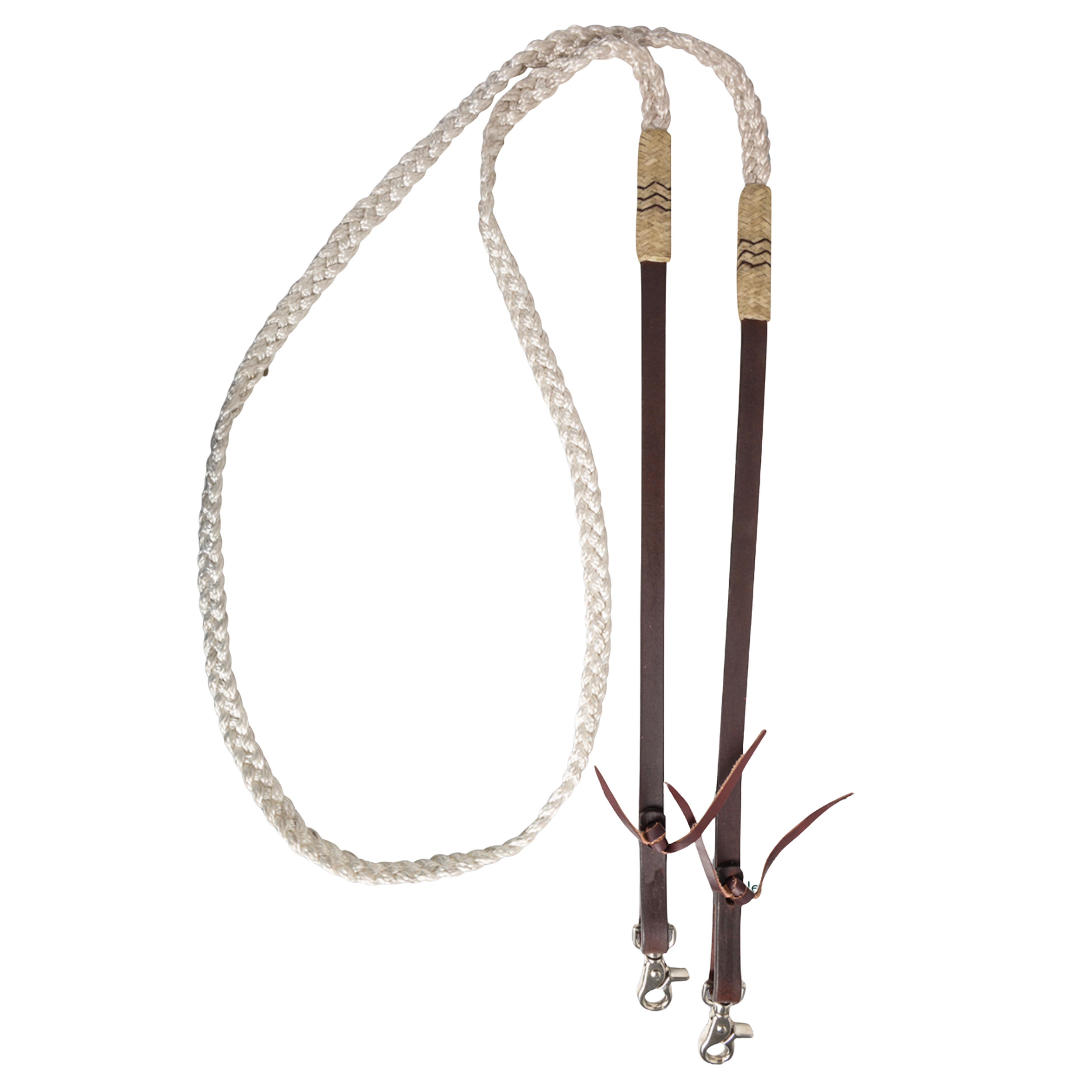 Rênes tressées en nylon et cuir Equibrand, accessoires d'équitation avec tressage bleu, noir et blanc, visibles sur l'image.