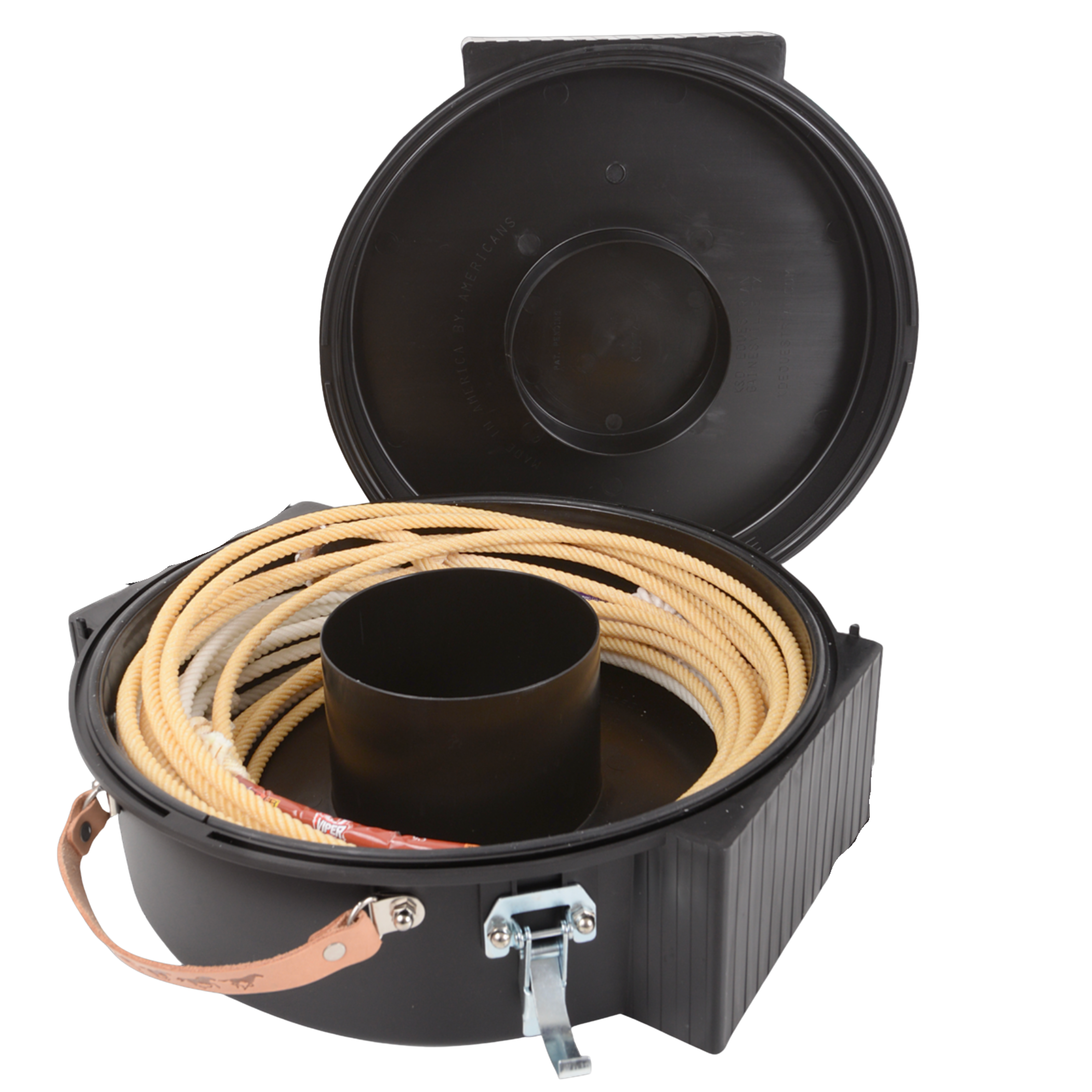 Boîte à Lasso Rattler noire de la marque Equibrand, accessoire équestre pour l'entraînement avec corde.