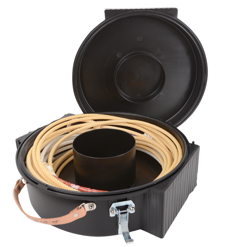 Boîte à Lasso Rattler noire de la marque Equibrand, accessoire équestre pour l'entraînement avec corde.