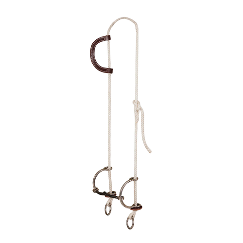 Accessoires bride snaffle gag Western Rawhide, bride équestre en cuir avec mors à anneaux, visible en bleu, noir et blanc.