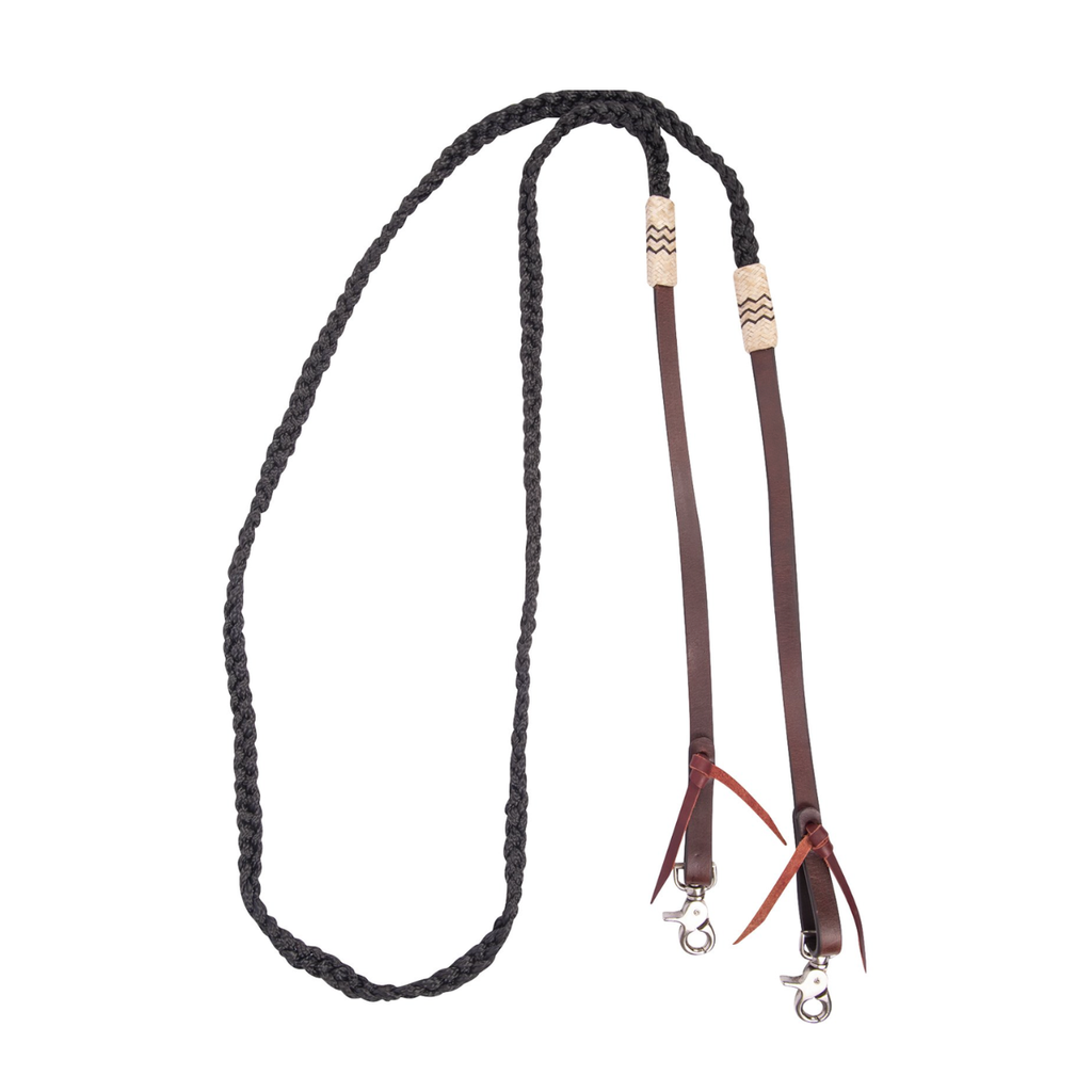 Rênes tressées en nylon et cuir Equibrand, accessoires d'équitation, avec tressage bleu, noir et blanc.