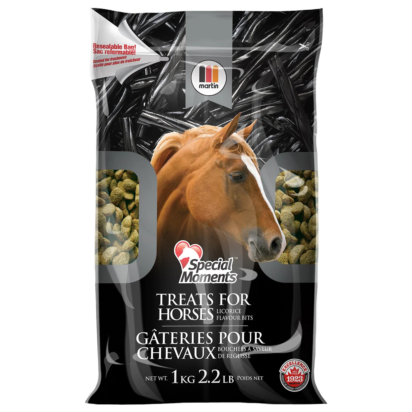 Friandises Martin de 1 kg pour soins, saveur réglisse, par Centurion Supply, visibles en gros plan dans l'image.