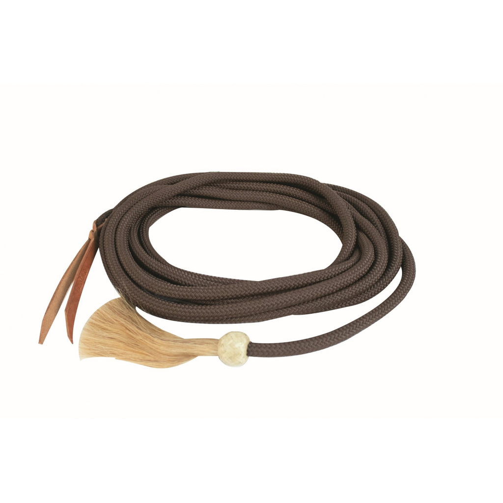 Rênes mecate par Jim Taylor pour bosal, en cuir western Rawhide, montrant la texture et la fixation pour l’équitation western.
