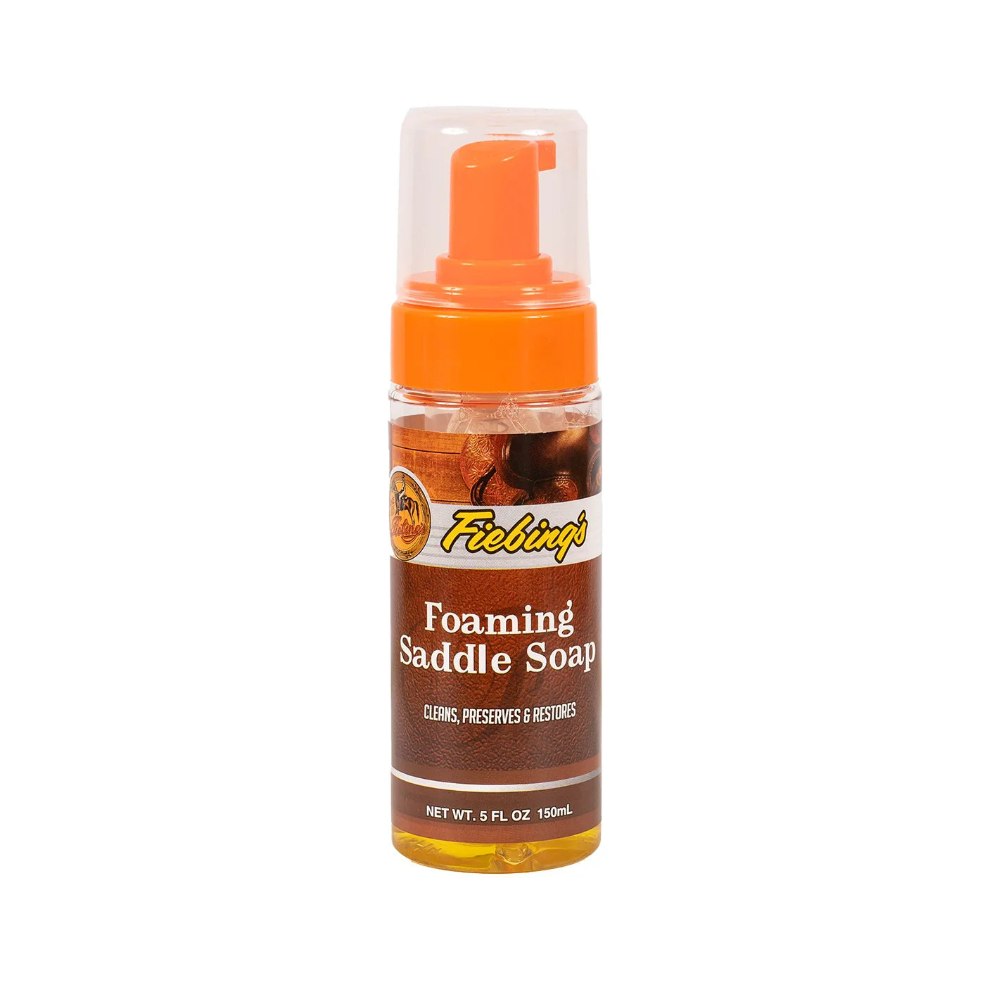 Savon liquide moussant pour selles Fiebing's Western Rawhide, flacon de 150 ml avec pompe, texture mousse blanche.