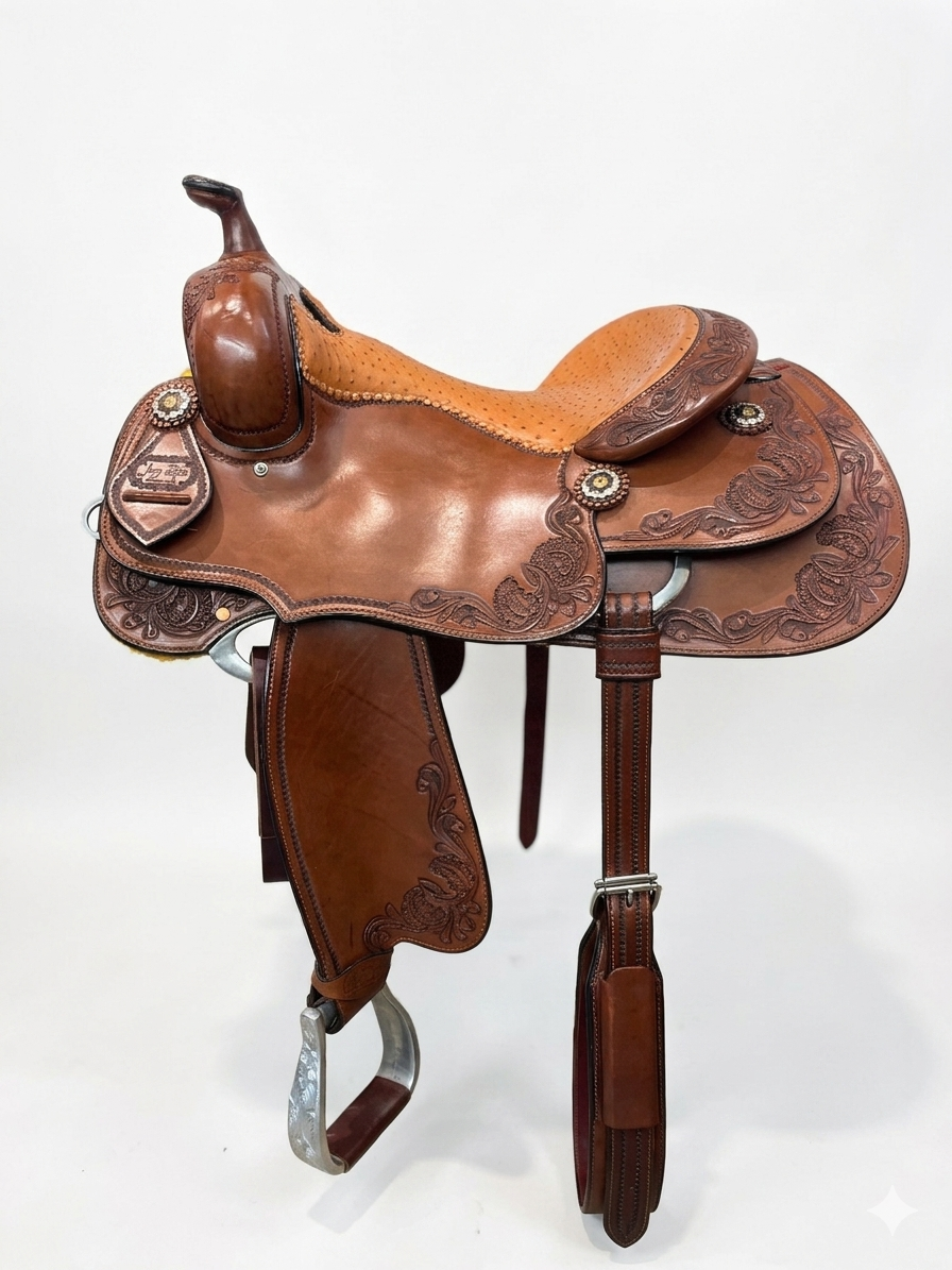 Selle de reining ES Sellerie Western de la marque Jerry Shaw, équipement pour cheval, vue détaillée sur la selle.