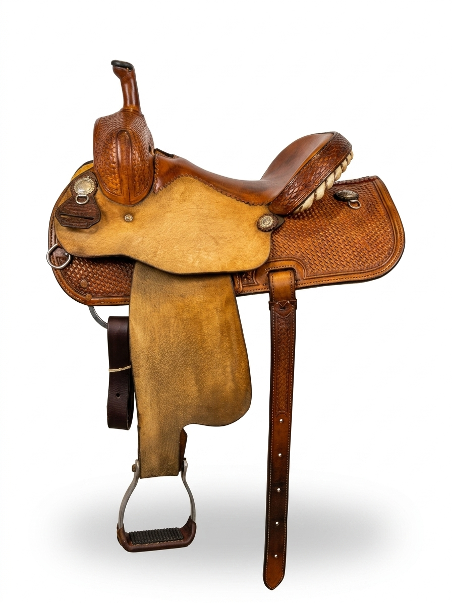Selle western de baril Star of Texas pour cheval, équipée par ES Sellerie Western, en cuir marron avec garnitures.